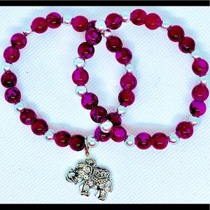 Elephant Lovers Pink & White Beaded Stone Bracelet set w/ Elephant Charm